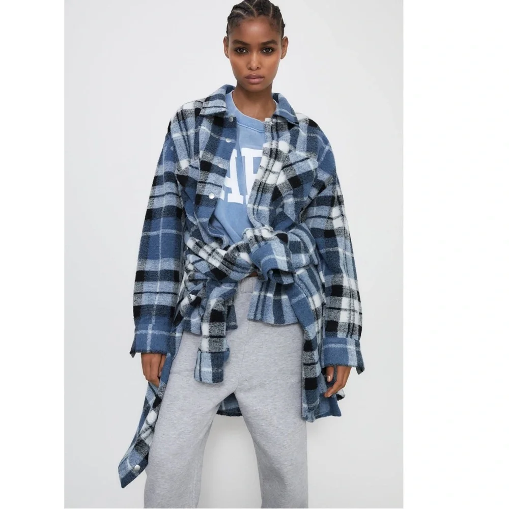 ZARA Blue Plaid Wool Blend Shacket Oversized Snap Button Jacket S - Picture 13 of 16